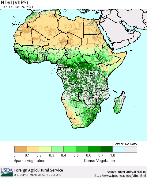 Africa NDVI (VIIRS) Thematic Map For 1/21/2023 - 1/31/2023
