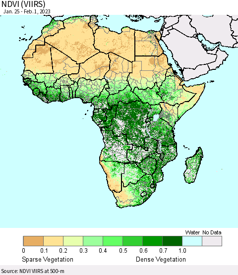 Africa NDVI (VIIRS) Thematic Map For 1/25/2023 - 2/1/2023