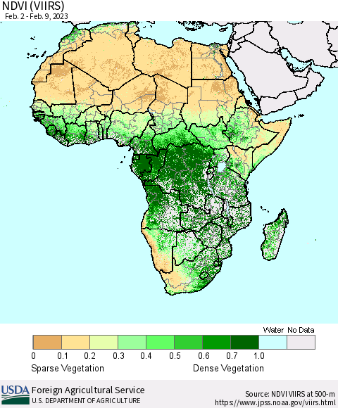 Africa NDVI (VIIRS) Thematic Map For 2/1/2023 - 2/10/2023