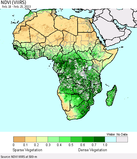 Africa NDVI (VIIRS) Thematic Map For 2/18/2023 - 2/25/2023