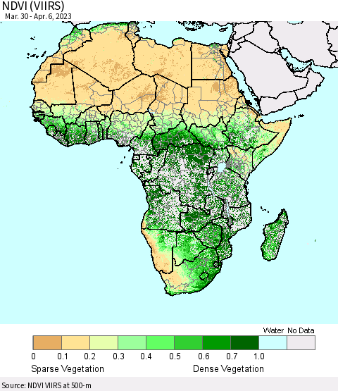 Africa NDVI (VIIRS) Thematic Map For 3/30/2023 - 4/6/2023