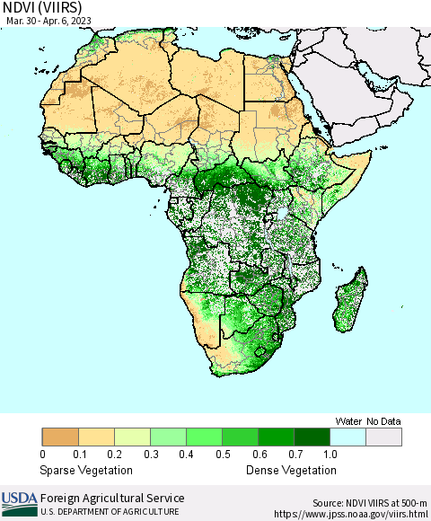 Africa NDVI (VIIRS) Thematic Map For 4/1/2023 - 4/10/2023