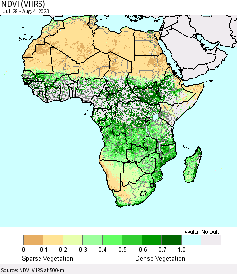 Africa NDVI (VIIRS) Thematic Map For 7/28/2023 - 8/4/2023