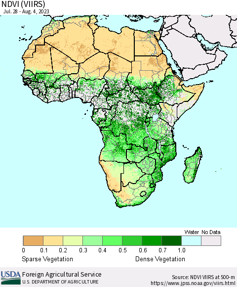 Africa NDVI (VIIRS) Thematic Map For 8/1/2023 - 8/10/2023