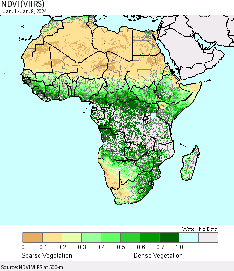 Africa NDVI (VIIRS) Thematic Map For 1/1/2024 - 1/8/2024