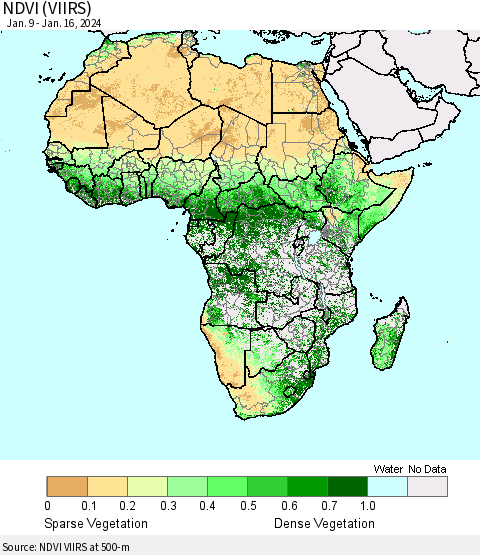 Africa NDVI (VIIRS) Thematic Map For 1/9/2024 - 1/16/2024