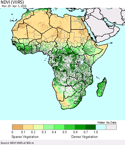Africa NDVI (VIIRS) Thematic Map For 3/29/2024 - 4/5/2024