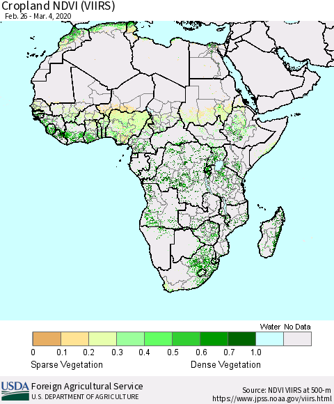 Africa Cropland NDVI (VIIRS) Thematic Map For 3/1/2020 - 3/10/2020