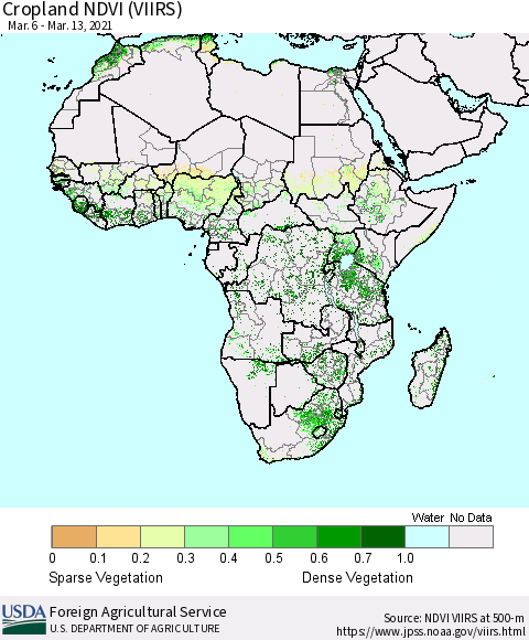 Africa Cropland NDVI (VIIRS) Thematic Map For 3/11/2021 - 3/20/2021