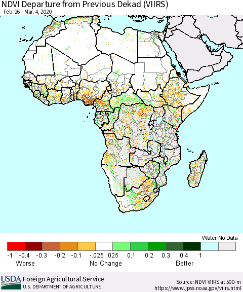 Africa NDVI Departure from Previous Dekad (VIIRS) Thematic Map For 3/1/2020 - 3/10/2020