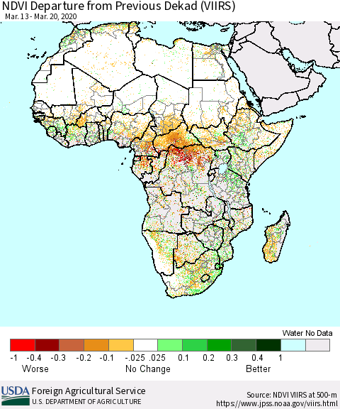 Africa NDVI Departure from Previous Dekad (VIIRS) Thematic Map For 3/11/2020 - 3/20/2020