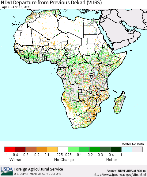 Africa NDVI Departure from Previous Dekad (VIIRS) Thematic Map For 4/11/2020 - 4/20/2020
