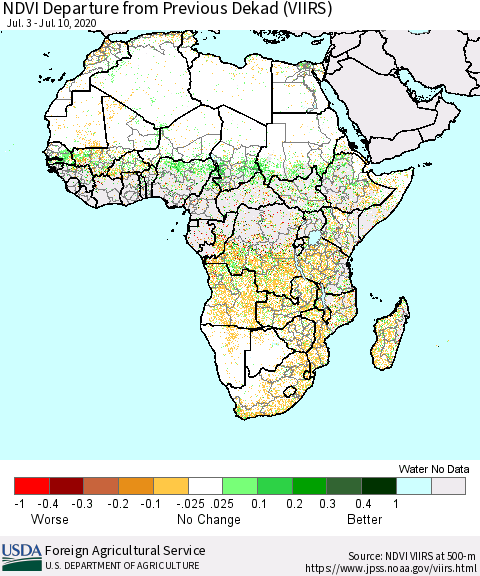 Africa NDVI Departure from Previous Dekad (VIIRS) Thematic Map For 7/1/2020 - 7/10/2020