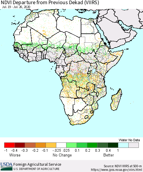 Africa NDVI Departure from Previous Dekad (VIIRS) Thematic Map For 7/21/2020 - 7/31/2020