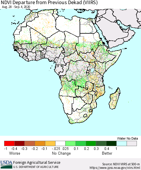 Africa NDVI Departure from Previous Dekad (VIIRS) Thematic Map For 9/1/2020 - 9/10/2020