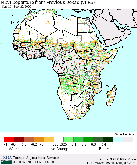 Africa NDVI Departure from Previous Dekad (VIIRS) Thematic Map For 9/11/2020 - 9/20/2020