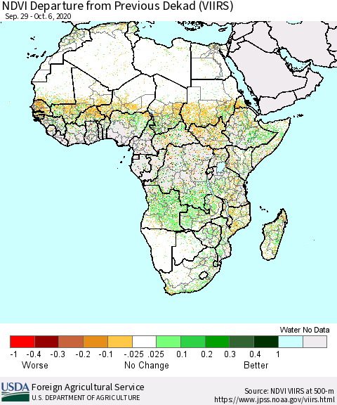 Africa NDVI Departure from Previous Dekad (VIIRS) Thematic Map For 10/1/2020 - 10/10/2020