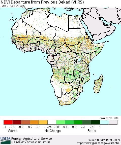 Africa NDVI Departure from Previous Dekad (VIIRS) Thematic Map For 10/11/2020 - 10/20/2020