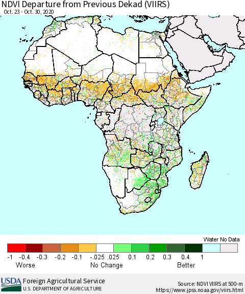 Africa NDVI Departure from Previous Dekad (VIIRS) Thematic Map For 10/21/2020 - 10/31/2020