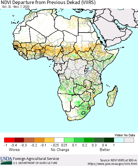 Africa NDVI Departure from Previous Dekad (VIIRS) Thematic Map For 11/1/2020 - 11/10/2020