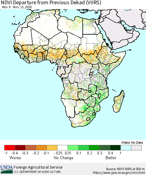 Africa NDVI Departure from Previous Dekad (VIIRS) Thematic Map For 11/11/2020 - 11/20/2020
