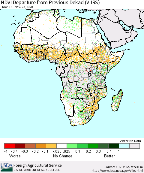 Africa NDVI Departure from Previous Dekad (VIIRS) Thematic Map For 11/21/2020 - 11/30/2020