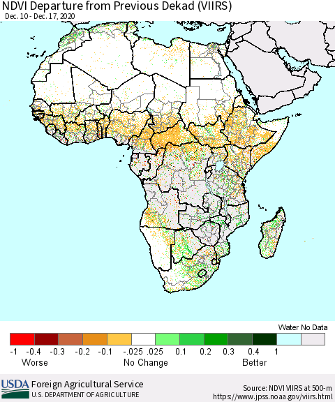Africa NDVI Departure from Previous Dekad (VIIRS) Thematic Map For 12/11/2020 - 12/20/2020