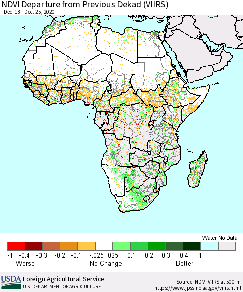 Africa NDVI Departure from Previous Dekad (VIIRS) Thematic Map For 12/21/2020 - 12/31/2020