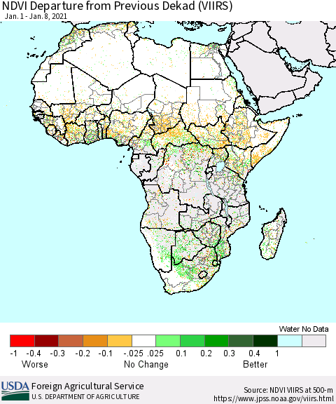 Africa NDVI Departure from Previous Dekad (VIIRS) Thematic Map For 1/1/2021 - 1/10/2021