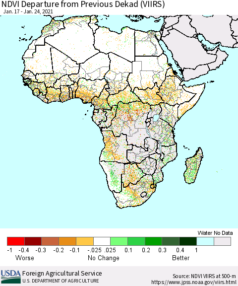 Africa NDVI Departure from Previous Dekad (VIIRS) Thematic Map For 1/21/2021 - 1/31/2021