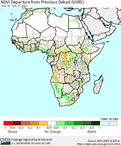 Africa NDVI Departure from Previous Dekad (VIIRS) Thematic Map For 2/11/2021 - 2/20/2021