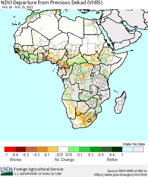 Africa NDVI Departure from Previous Dekad (VIIRS) Thematic Map For 2/21/2021 - 2/28/2021