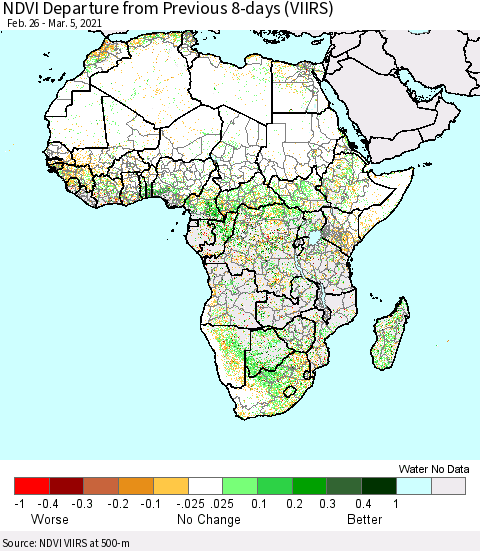 Africa NDVI Departure from Previous 8-days (VIIRS) Thematic Map For 2/26/2021 - 3/5/2021