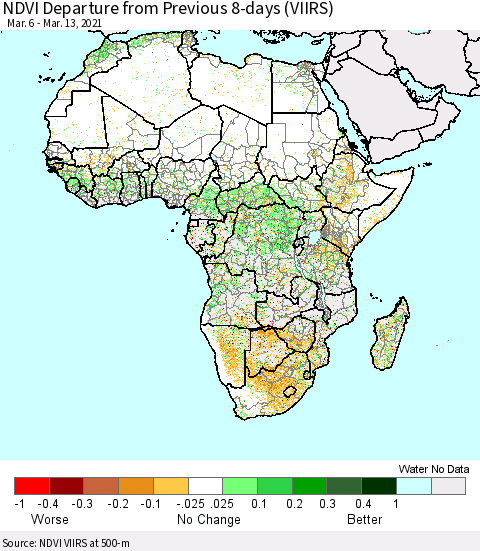 Africa NDVI Departure from Previous 8-days (VIIRS) Thematic Map For 3/6/2021 - 3/13/2021