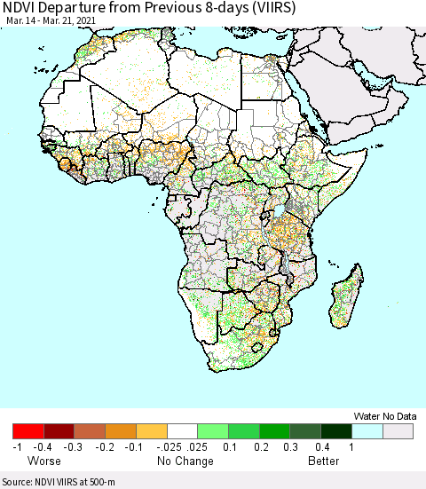 Africa NDVI Departure from Previous 8-days (VIIRS) Thematic Map For 3/14/2021 - 3/21/2021