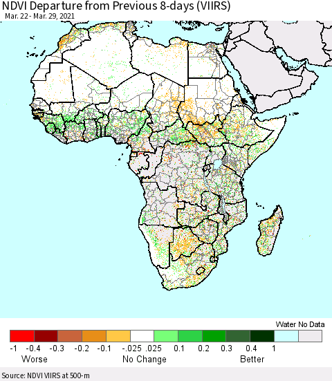 Africa NDVI Departure from Previous 8-days (VIIRS) Thematic Map For 3/22/2021 - 3/29/2021