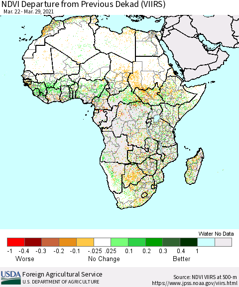 Africa NDVI Departure from Previous Dekad (VIIRS) Thematic Map For 3/21/2021 - 3/31/2021