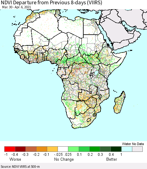 Africa NDVI Departure from Previous 8-days (VIIRS) Thematic Map For 3/30/2021 - 4/6/2021