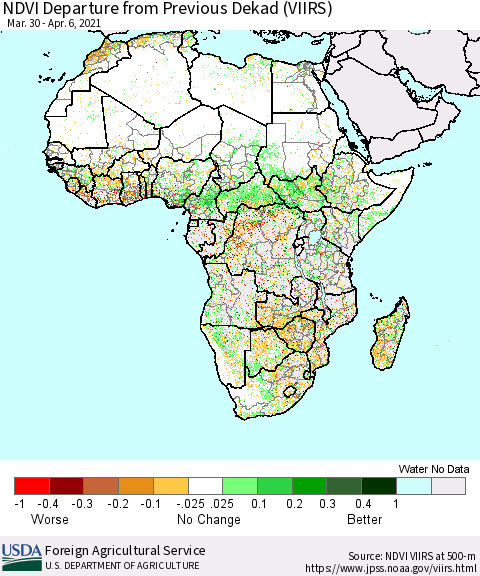 Africa NDVI Departure from Previous Dekad (VIIRS) Thematic Map For 4/1/2021 - 4/10/2021