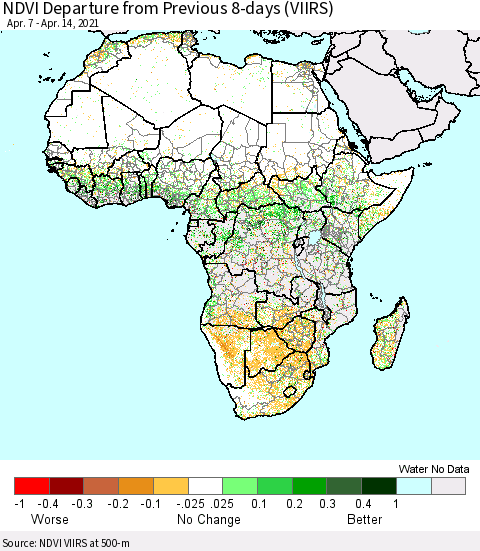 Africa NDVI Departure from Previous 8-days (VIIRS) Thematic Map For 4/7/2021 - 4/14/2021
