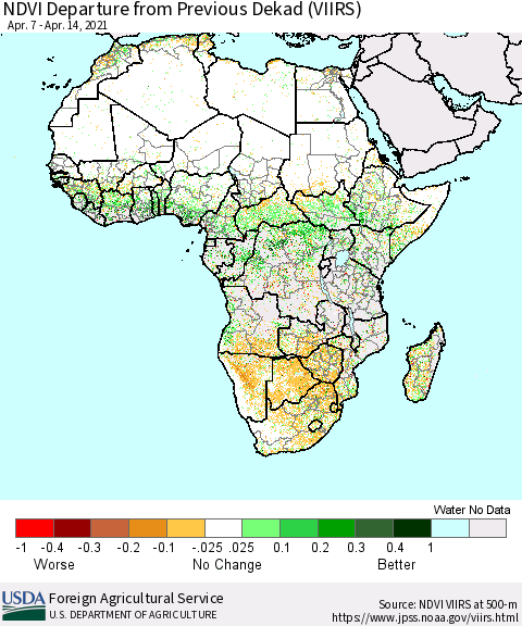 Africa NDVI Departure from Previous Dekad (VIIRS) Thematic Map For 4/11/2021 - 4/20/2021
