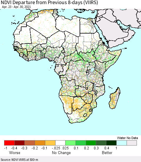 Africa NDVI Departure from Previous Dekad (VIIRS) Thematic Map For 4/21/2021 - 4/30/2021