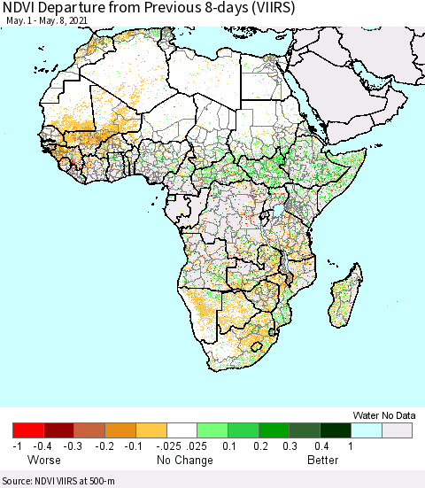 Africa NDVI Departure from Previous 8-days (VIIRS) Thematic Map For 5/1/2021 - 5/8/2021