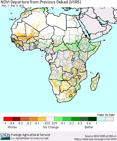 Africa NDVI Departure from Previous Dekad (VIIRS) Thematic Map For 5/1/2021 - 5/10/2021