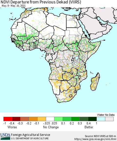 Africa NDVI Departure from Previous Dekad (VIIRS) Thematic Map For 5/11/2021 - 5/20/2021