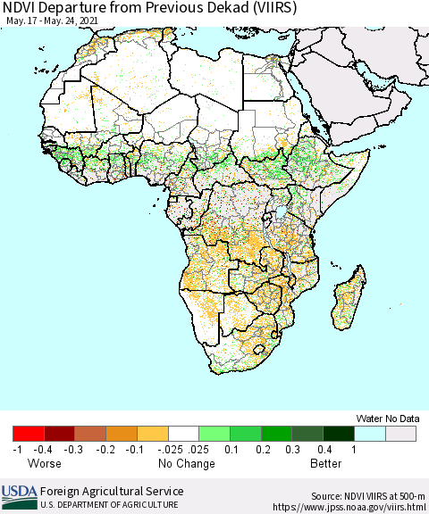 Africa NDVI Departure from Previous Dekad (VIIRS) Thematic Map For 5/21/2021 - 5/31/2021