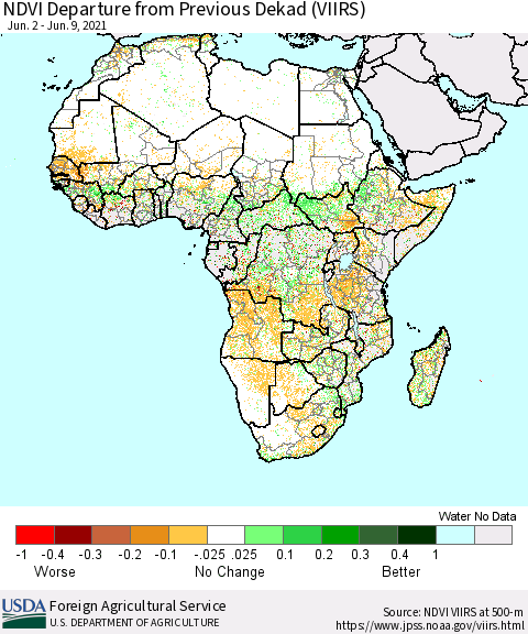 Africa NDVI Departure from Previous Dekad (VIIRS) Thematic Map For 6/1/2021 - 6/10/2021