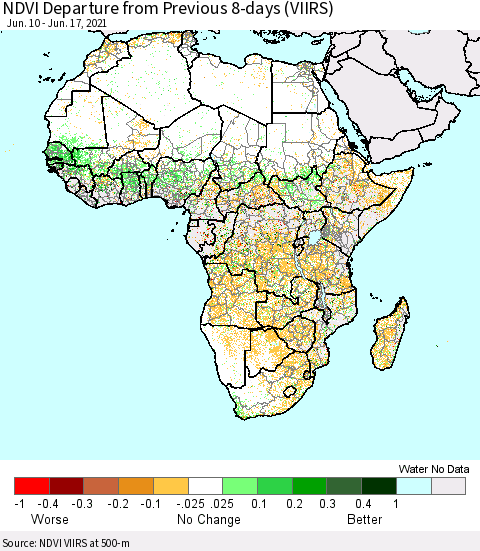 Africa NDVI Departure from Previous 8-days (VIIRS) Thematic Map For 6/10/2021 - 6/17/2021