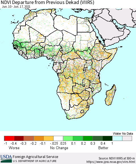Africa NDVI Departure from Previous Dekad (VIIRS) Thematic Map For 6/11/2021 - 6/20/2021