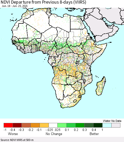 Africa NDVI Departure from Previous 8-days (VIIRS) Thematic Map For 6/18/2021 - 6/25/2021